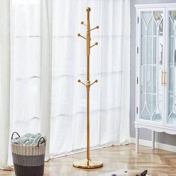 Gold Coat Rack with Stainless Steel Spray Painted Hanger and Solid Wood Reinforcement at the Bracket