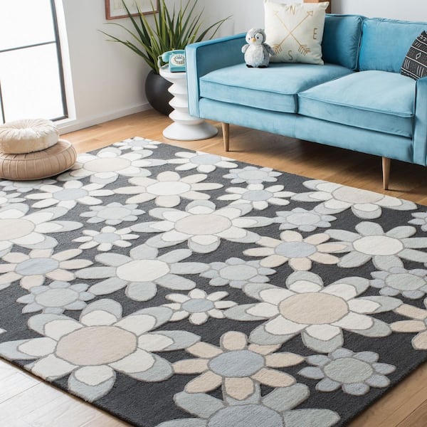 Kids 8 ft. x 10 ft. Charcoal/Ivory Oversized Floral Area Rug