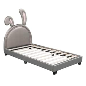 Wood Frame Twin Size Platform Bed with Upholstered Rabbit Ornament Headboard,Gray