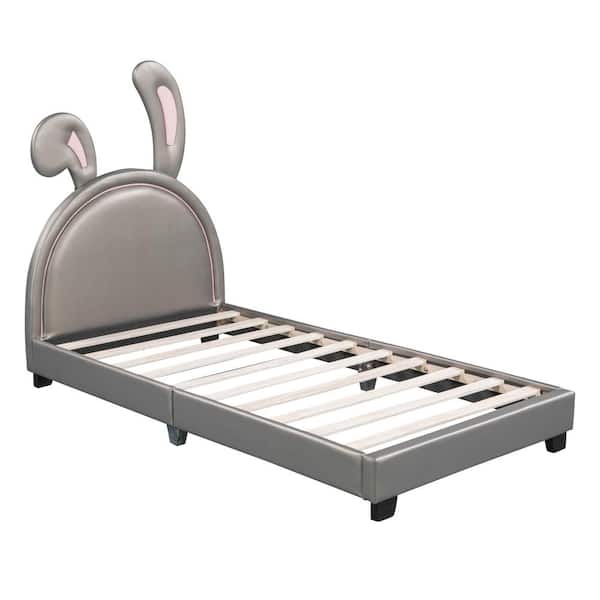 Polibi Wood Frame Twin Size Platform Bed with Upholstered Rabbit Ornament Headboard,Gray