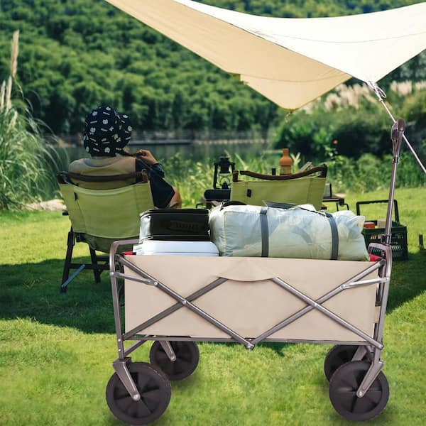 4.5 cu.ft. Folding Steel Utility Garden Cart Portable Shopping Beach Trolley Cart Camping Cart in Beige