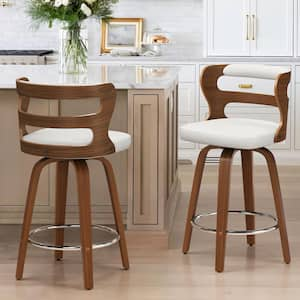 Arabela 26 in. White Solid Wood Swivel Bar Stool Faux Leather Kitchen Counter Stool with Walnut Frame Set of 2