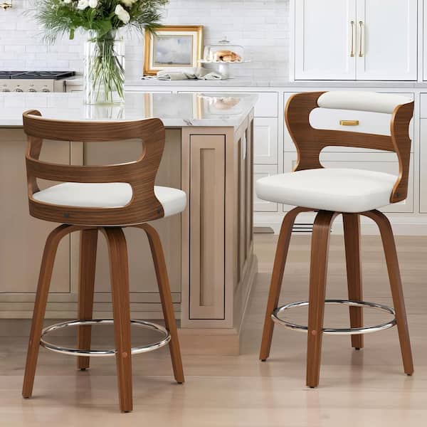 Arabela 26 in. White Solid Wood Swivel Bar Stool Faux Leather Kitchen Counter Stool with Walnut Frame Set of 2