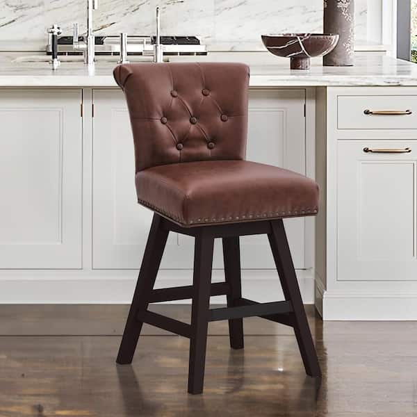 cozyman 26 in. Brown Faux Leather Swivel Upholstered Barstool Solid Wood Counter Stool with Nail Head Trim and Tufted Backrest