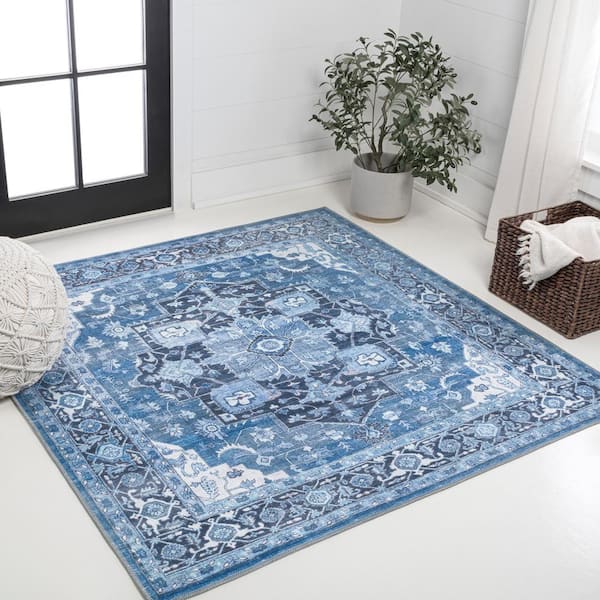 Maris Ornate Blue/Navy 6 ft. Medallion Machine-Washable Square Area Rug