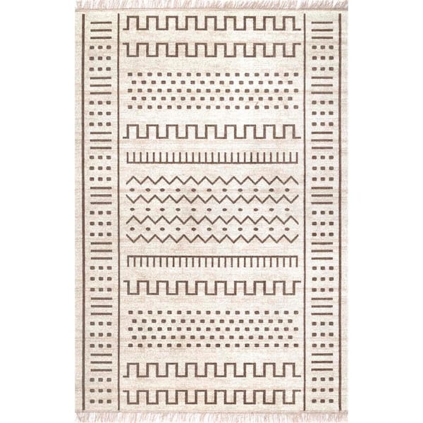 nuLOOM Cora Tribal Tassel Beige 8 ft. x 10 ft. Indoor/Outdoor Patio Area Rug