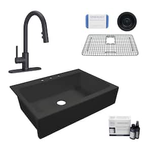 Josephine 34 in. 3-Hole Quick-Fit Farmhouse Apron Front Drop-in Single Bowl Matte Black Fireclay Kitchen Sink Faucet Kit