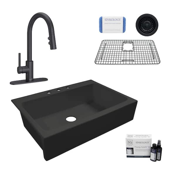 SINKOLOGY Josephine All-in-One Quick-Fit Matte Black Fireclay 33.85 in. 3-Hole Single Bowl Farmhouse Kitchen Sink and Faucet Kit