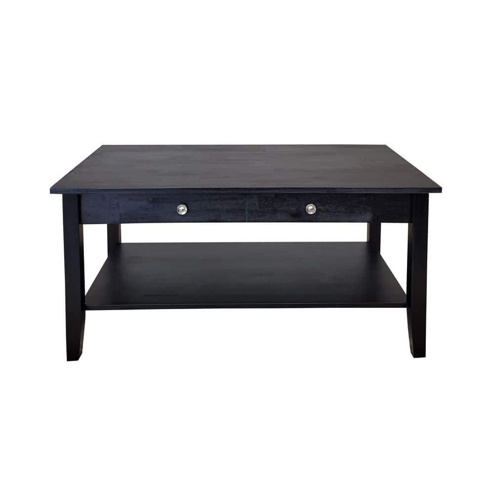 38 in. Black Rectangle Acacia Wood Top Coffee Table with Shelf
