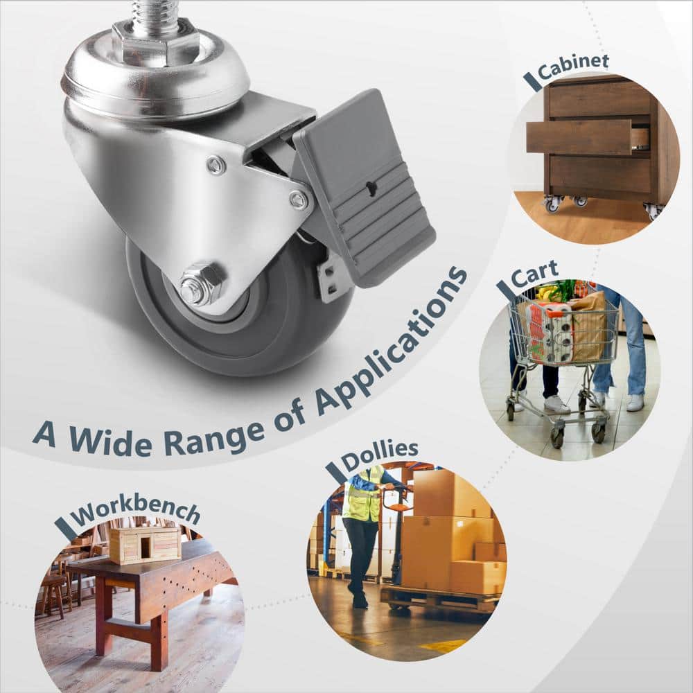 Silver Heavy Duty Swivel Stem Caster Wheels with Brake, 2-3/8 Inch