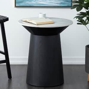 26 in. White Geometric Large Round Marble End Table with Black Wooden Base