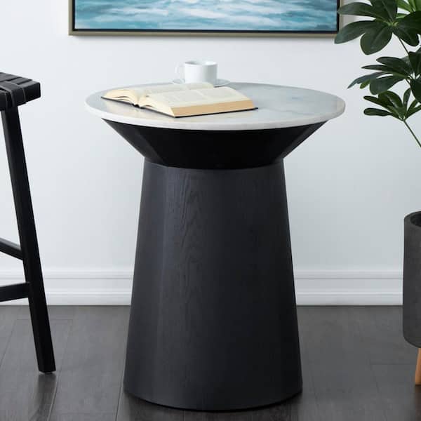 Litton Lane 26 in. White Geometric Large Round Marble End Table with Black Wooden Base