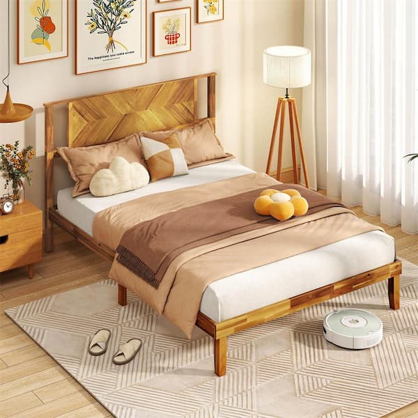 Rustic Golden Brown Wood Frame Full Size Platform Bed with Headboard Under-Bed Space No Box Spring Needed