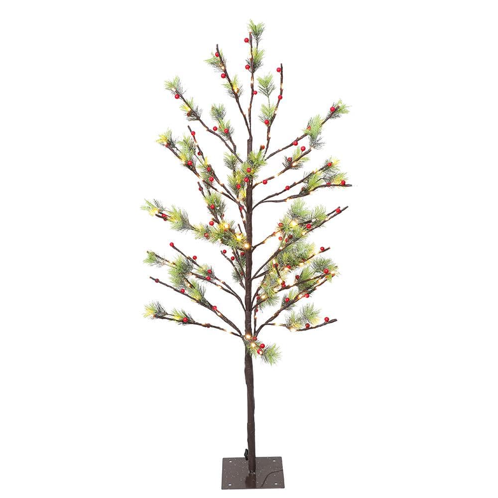 New 4ft Modern White Glittering Flat LED Christmas Twig Tree With Silver Leaves 