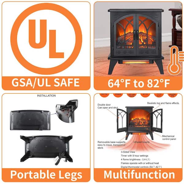 24 in. Freestanding Electric Fireplace Stove 400 sq. ft. with 3D Infrared, Remote Control, Black