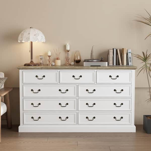 FUFU&GAGA 9-Drawer White Wood Dresser Chest of Drawer Paint Finish European Style 33 in. H x 59 in. W x 15.9 in. D