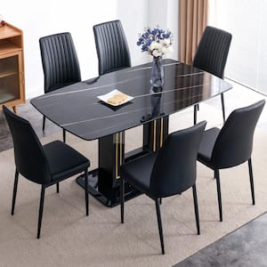 7-Piece Rectangle Black Faux Marble Top Dining Table Set Seats 6-8 with U-Shaped Base, 6 Black Upholstered Chairs