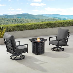 Black 3-Piece Aluminum Patio Fire Pit Set with 2-Club Chairs Black Cushions