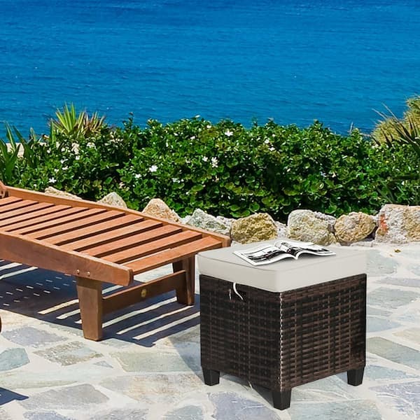 2 Rattan Ottomans Beige Cushioned Seat Foot Rest Set Outdoor Garden Furniture