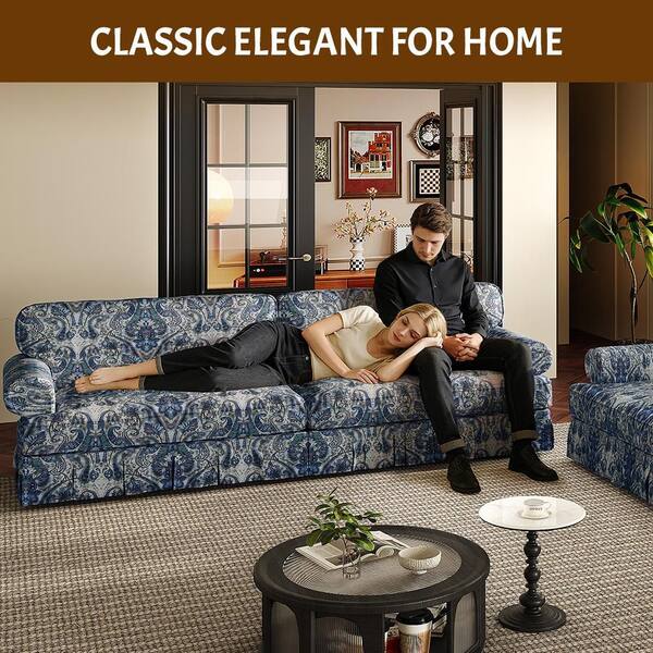 Polibi 74 in. Square Arm Chenille Rectangle Sofa in Blue (Seats 3