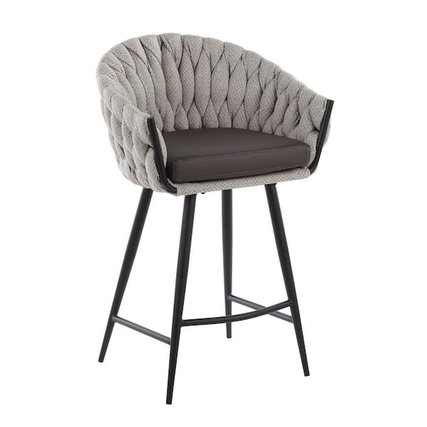 Lumisource Braided Matisse 26 in. Solid Back Black Metal with Cream Fabric and Grey Faux Leather Counter Height Stool