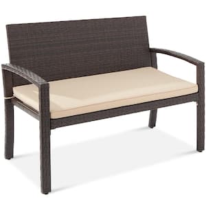 2-Person Brown Wicker Outdoor Patio Bench with Tan Cushion