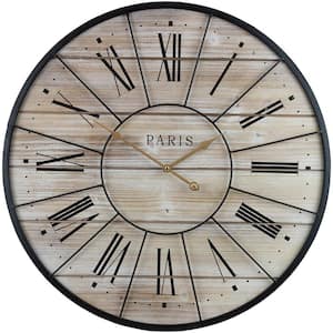 Parisian French Country Rustic Large Decorative Modern Farmhouse Analog Wood Metal Clock, 24 in. Round