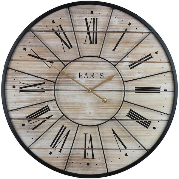 Unbranded Parisian French Country Rustic Large Decorative Modern Farmhouse Analog Wood Metal Clock, 24 in. Round