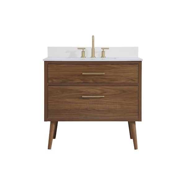 Unbranded Simply Living 36 in. W x 22 in. D x 33.5 in. H Bath Vanity in Walnut Brown with Ivory White Engineered Marble Top