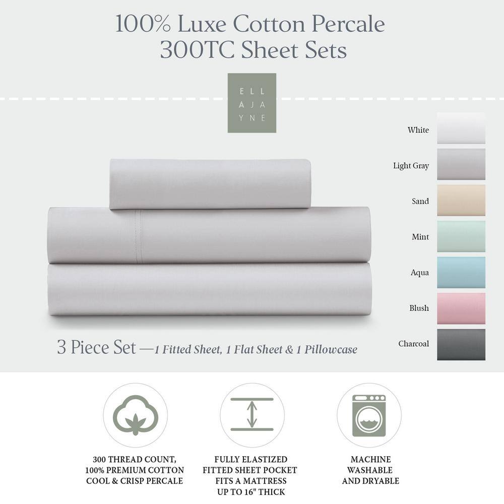Light Gray Twin Cotton Percale Deep Pocket Sheet Set