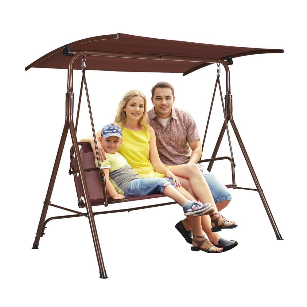 Brown 3-Person Alloy Steel Patio Swing with Adjustable Canopy