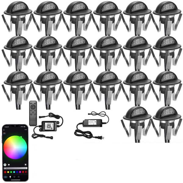 20-Pack Φ1.38 in. Stainless Steel RGB LED Recessed Deck Lights w/ WiFi Smartphone App Control for Outdoor Steps Lighting