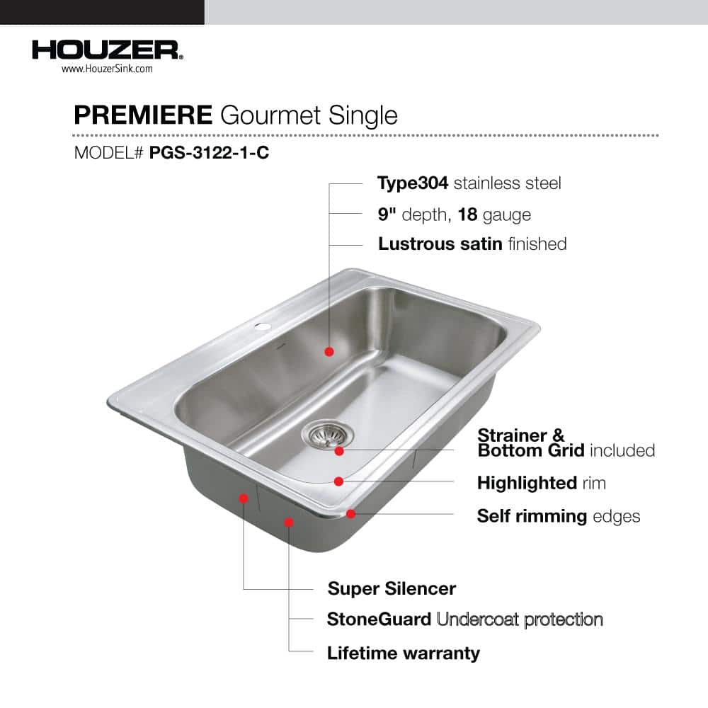 Premier 33" Stainless Steel Single Bowl Kitchen Sink with Strainer and Grid