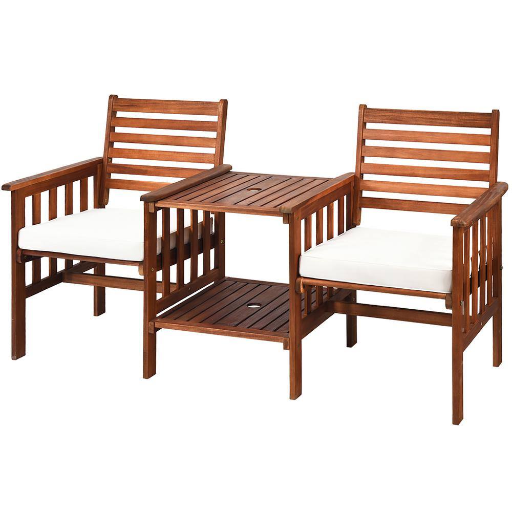 Acacia Wood 2-Person Patio Loveseat Set with Off-White Cushions