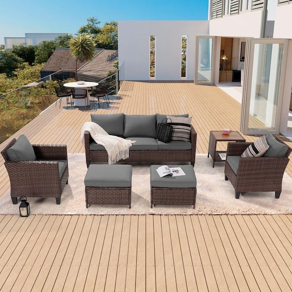 Sonkuki 6-Piece Patio Sofa Set Brown Wicker Outdoor Furniture Set with Coffee Table, Gray
