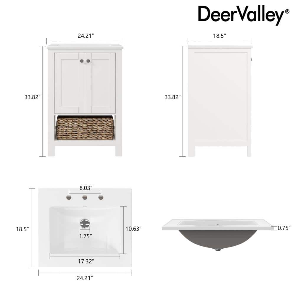 24" White Freestanding Bathroom Vanity with Ceramic Top and Woven Basket