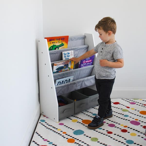 2 Tier Kids Bookshelf And Book Storage,4 Sling Toddler Bookshelf Storage Boxes Book Shelf Organizer Nursery Playroom Classroom Library Bedroom White
