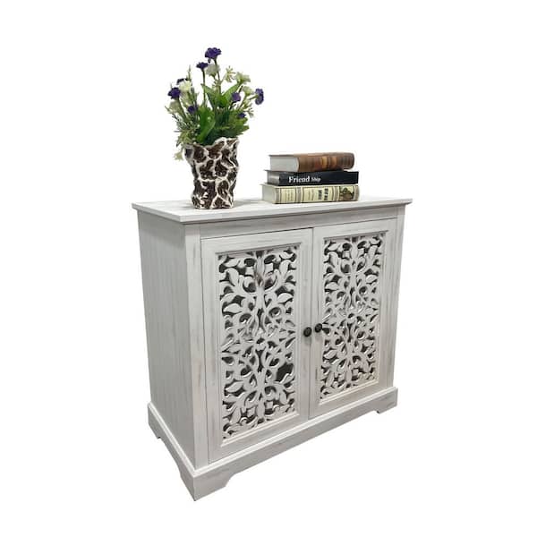 30 in. H Antique Sideboard Cabinet with 2 Carved Doors and Dividers for Kitchen Living Room White