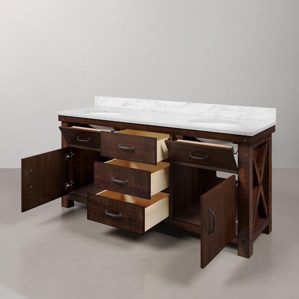 Aberdeen 72" Double Sink Rustic Sierra Vanity with Carrara White Marble Top
