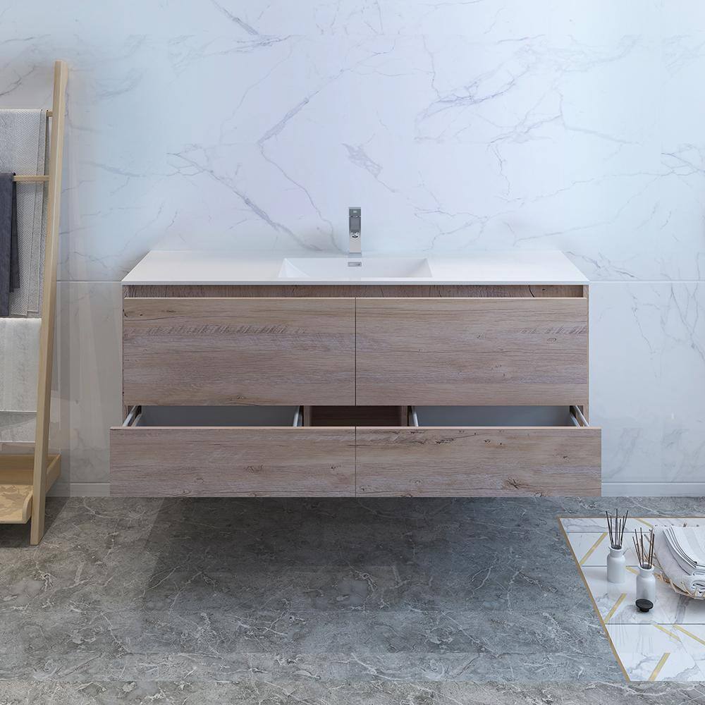 Transitional Wall-Mounted 59'' Solid Wood Off-White Vanity with Acrylic Top