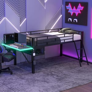 Gaming Style Black Twin Size Metal Loft Bed with Built-in Wood Tabletop, LED Light, Vented Mesh Undercarriage Storage