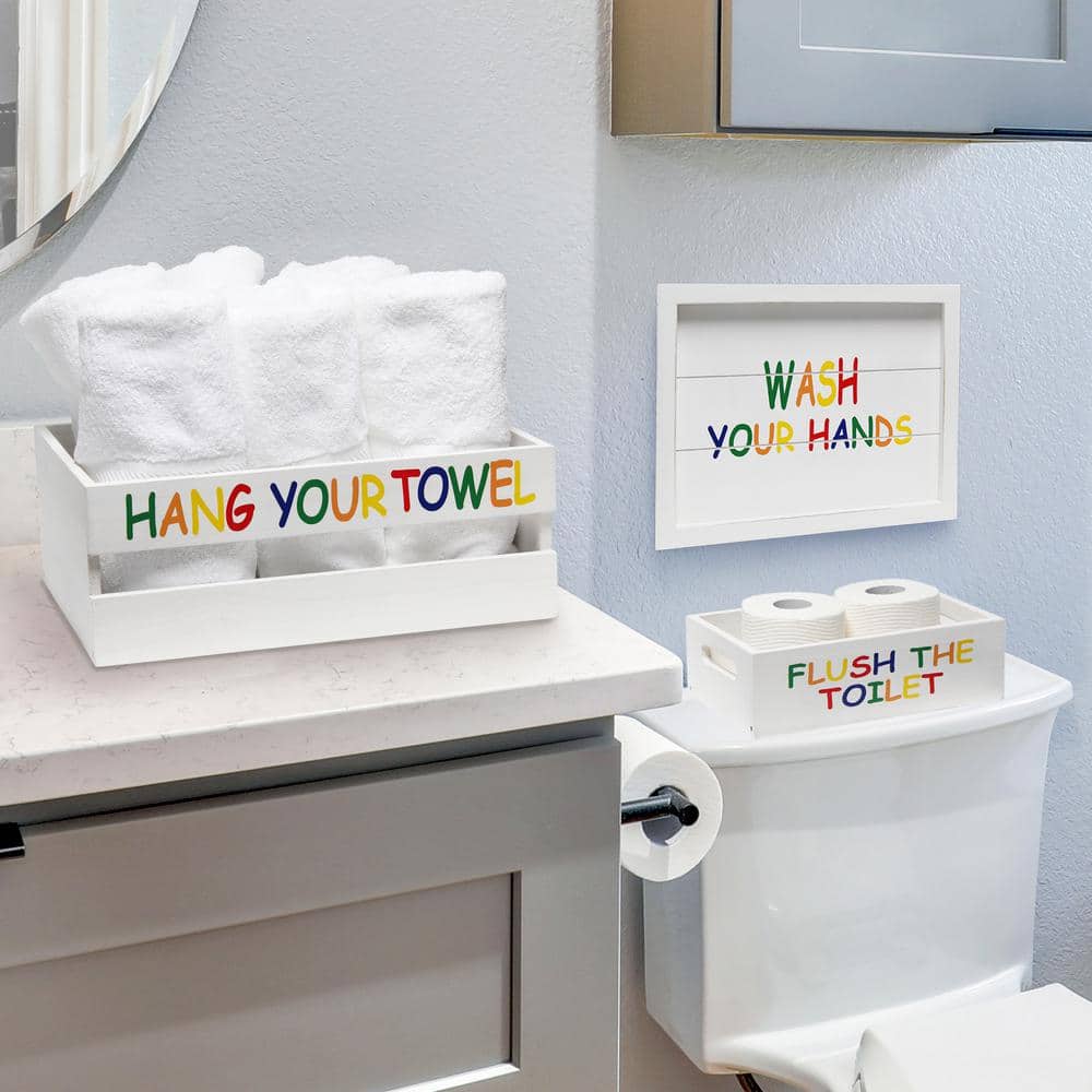 White Wash Nautical Wood Three Piece Bathroom Set with Colorful Text