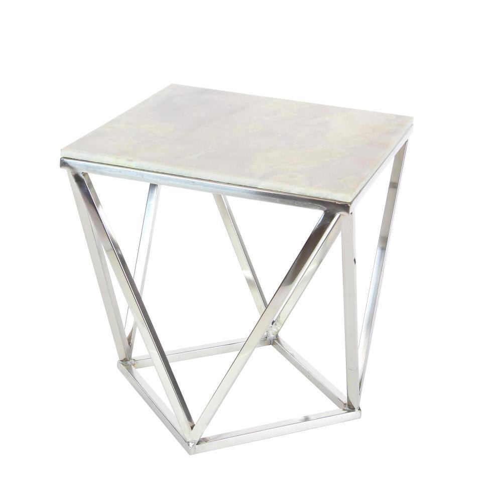 Elegant Silver Stainless Steel & Marble Square Accent Table - 18" x 21"