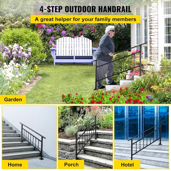 33 in. H x 68 in. W Black Wrought Iron Stair Railing Kit Outdoor Stair Railing Fits for 4 to 5 Steps Adjustable Handrail