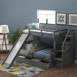 Gray Alaina Twin over Full Bunk Bed with Drawers and Slide