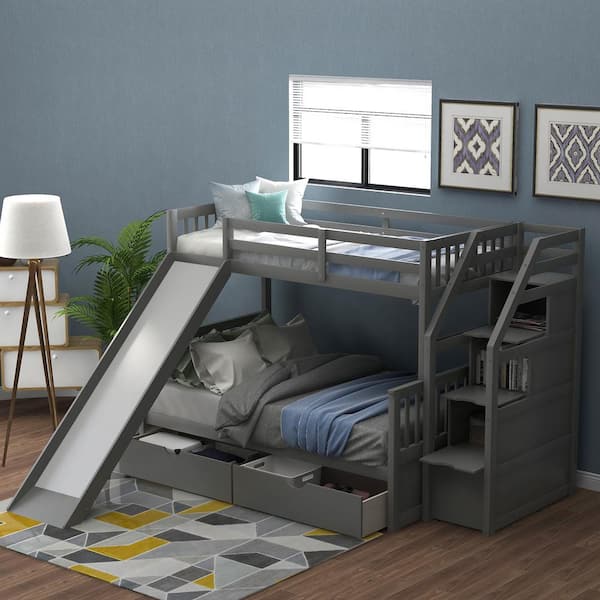 Qualler Gray Alaina Twin over Full Bunk Bed with Drawers and Slide