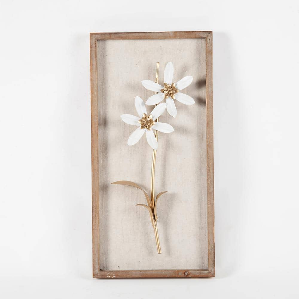 Set of 2 White and Gold Metal Flower Shadowbox with Wood Frame