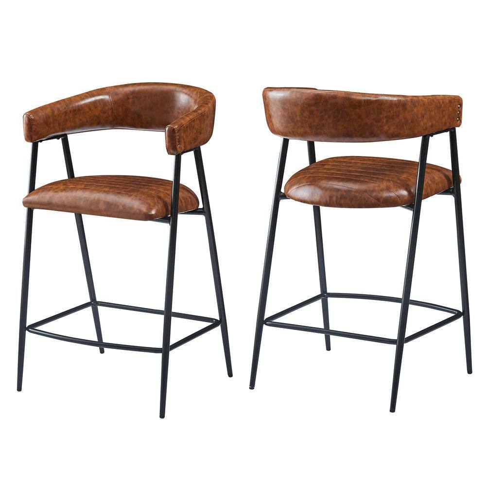 Brown Leather and Iron Frame Counter Stools, Set of 2
