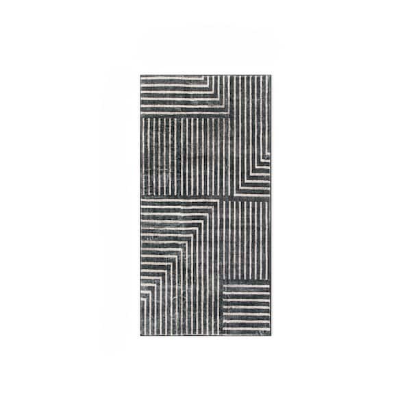 Distressed Bohemian Stripes Washable Non Slip Anthracite 2 ft. x 8 ft. Runner Rug