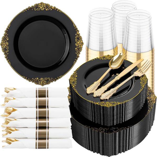 350-Piece Black and Gold Baroque Party Set with 50 Heavy-Duty 10.25 in Plates, 50 Dessert Plates, Forks